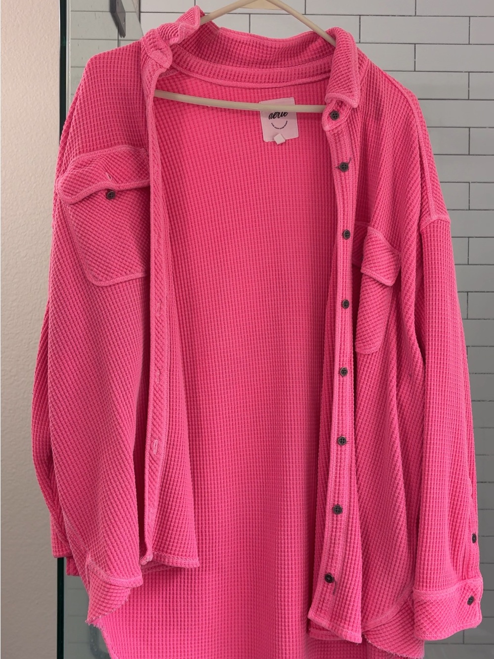 aerie Hot Pink Waffle-Knit Button Shirt